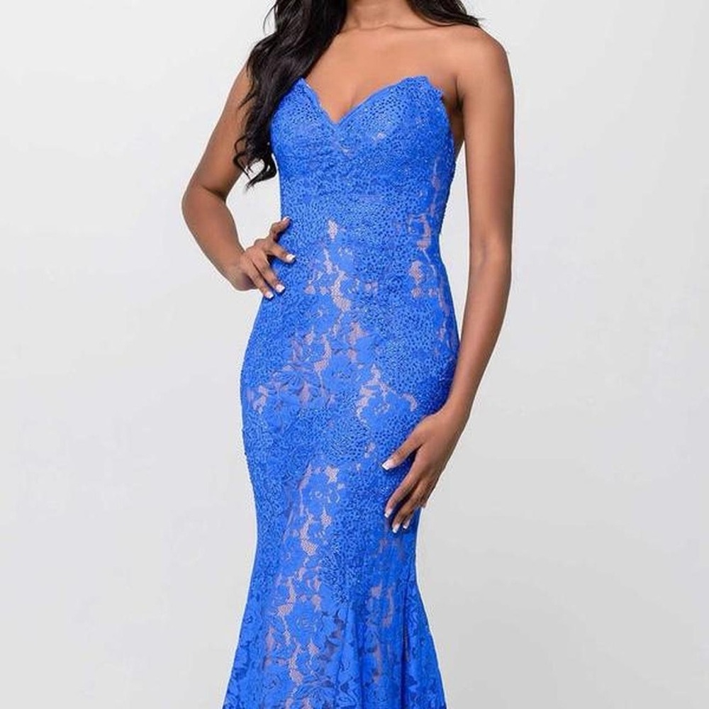 Jovani Strapless Royal Blue Lace Dress